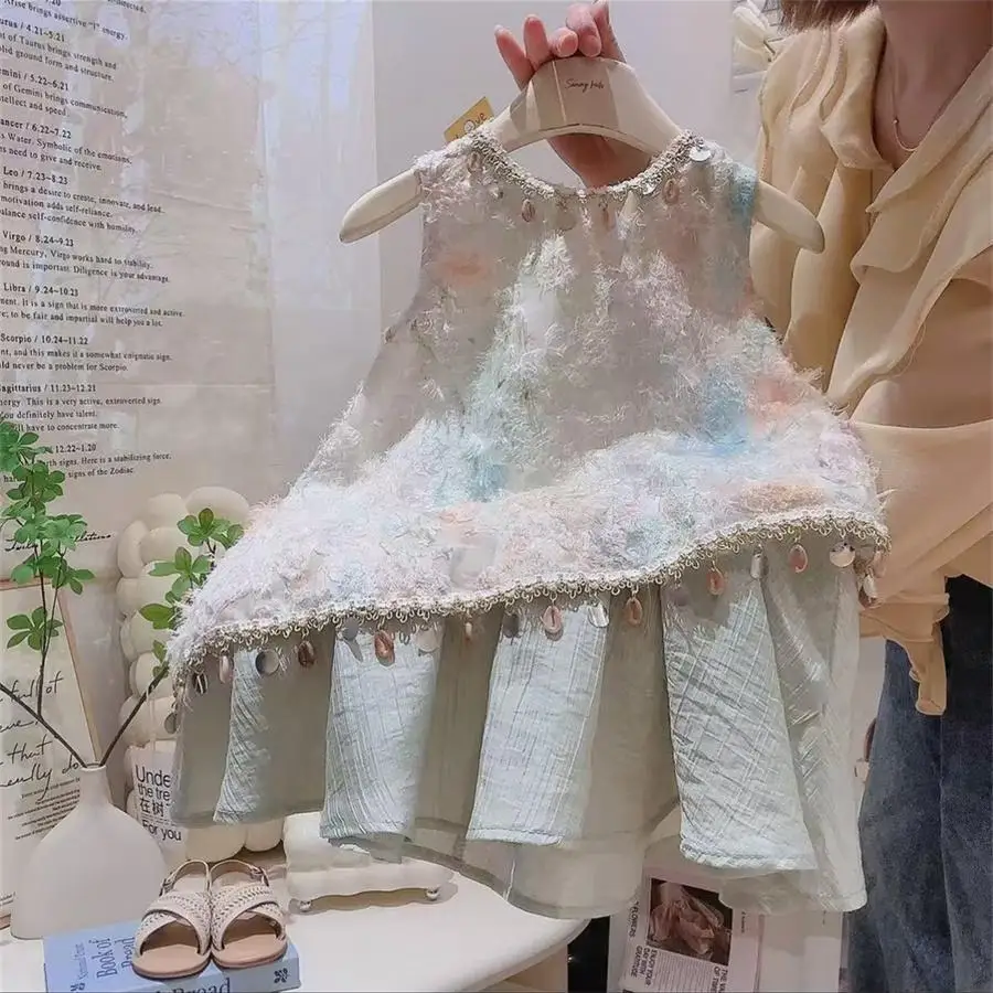 Vacation Style High-end Embroidered Sleeveless Fairy Dress, Summer Fashion Shell Hanging Decoration, Light Luxury Dress