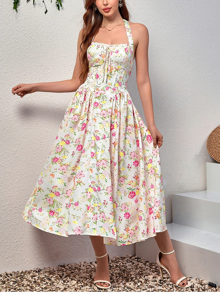 NewAsia Damen Neckholder, rückenfrei, bedruckt, Blumenmuster, Midi-Korsettkleid, Spaghettiträger, zum Binden, modisch, lässig, Urlaub, lange Kleider, Rosa – Detail 16