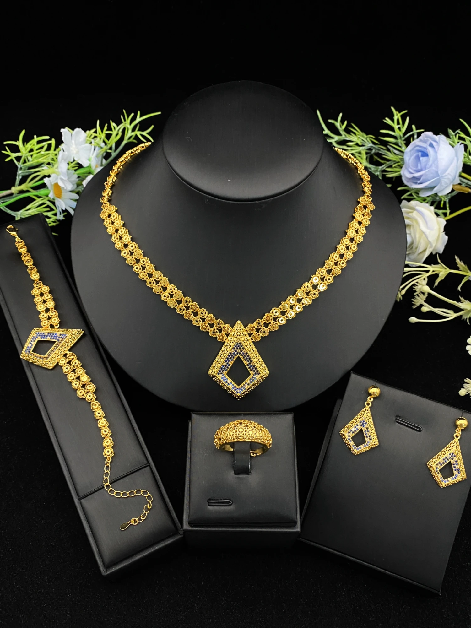 

JRH Gold Plated Brass Jewelry Set Lightweight Adjustable Sparkling Zircon Necklace Earrings Bracelet Ring for Women