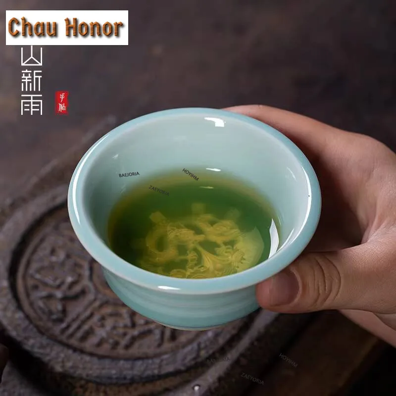 90ml High-end Longquan Celadon Teacup Famous Master Handmade Single Cup Large Dargon Tea Bowl Kung Fu Teaware Collection Gifts