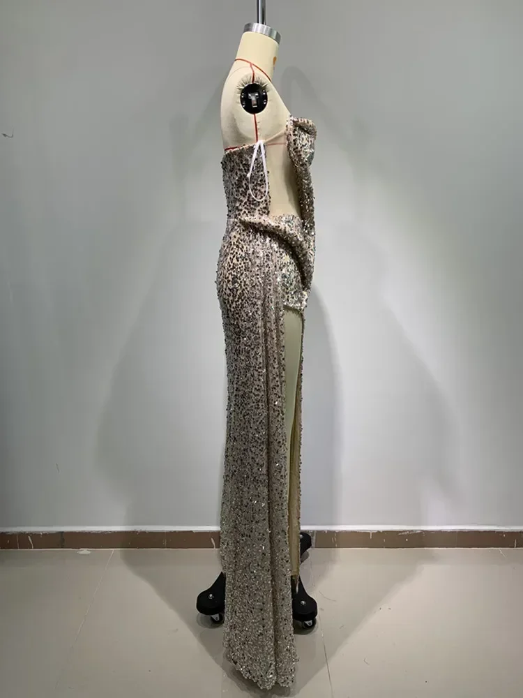 Women Summer Sexy Strapless Backless Mesh Sequins Maxi Long Bodycon Gowns Dress 2024 Elegant Evening Party Club Dress Vestido