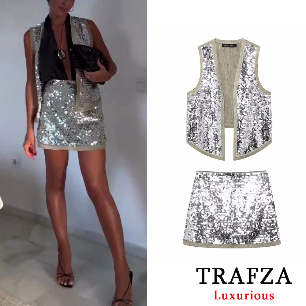 TRAFZA Causal Gray Sequined Women Vest Suits V Neck Sleeveless Vest+High Waist Sheath Mini SKirts Fashion 2024 Party Suits