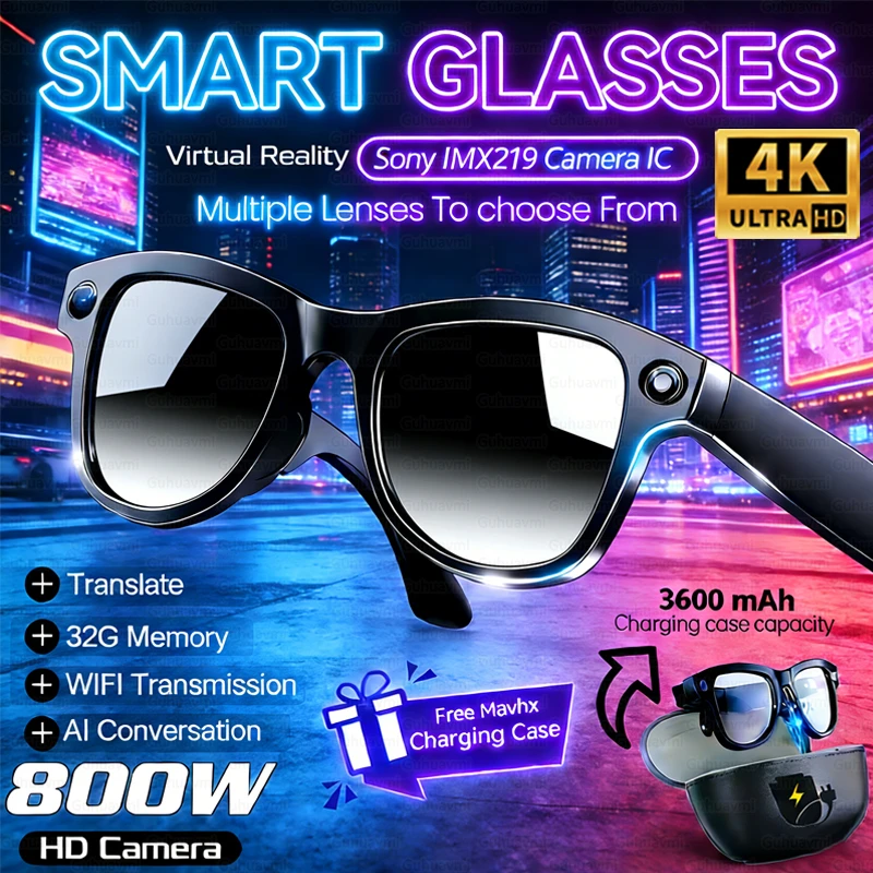 

Новые умные очки с ИИ 2026 года, камера 800 Мп, запись видео 4K Ultra HD, перевод, зарядный кейс 3600 мАч, ИИ-конверсация, хранилище 32 ГБ