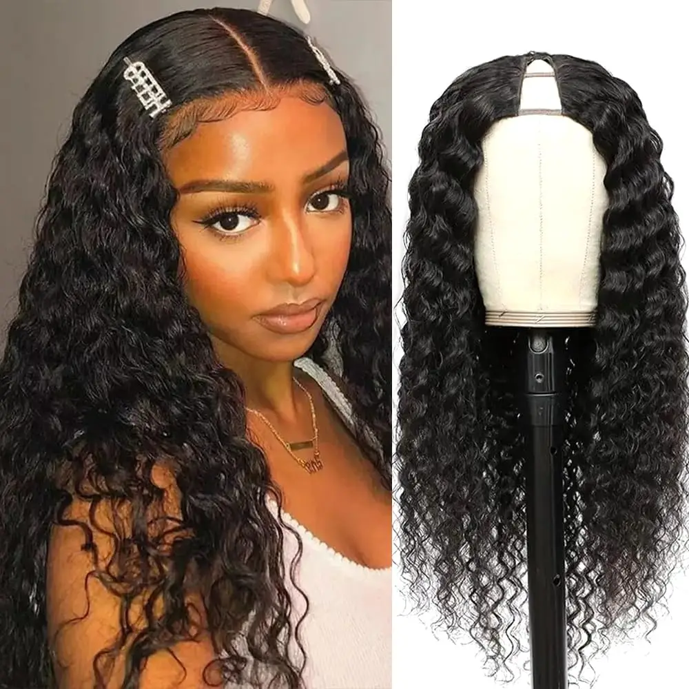 Deep Wave V Part Wig Human Hair Full Machine Made Human Hair Wig Natural Black Water Wave V Part Wig Human Hair Brazilian Hair