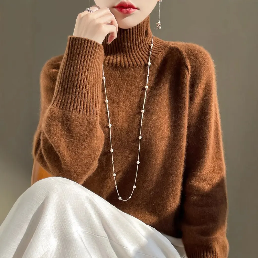 

Women's Autumn Winter Turtleneck Sweater Loose Fit Pure Wool Thickened Long Sleeve Pullover Red Base Layer Top