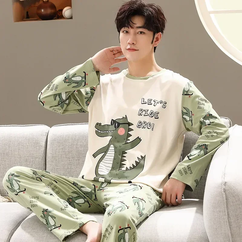 

Sleeping Long Cartoon Suit Trousers Pijamas Sleeves Tops Clothes Male Men Spring Pjs Casual Cotton Homme Home Nightwear For