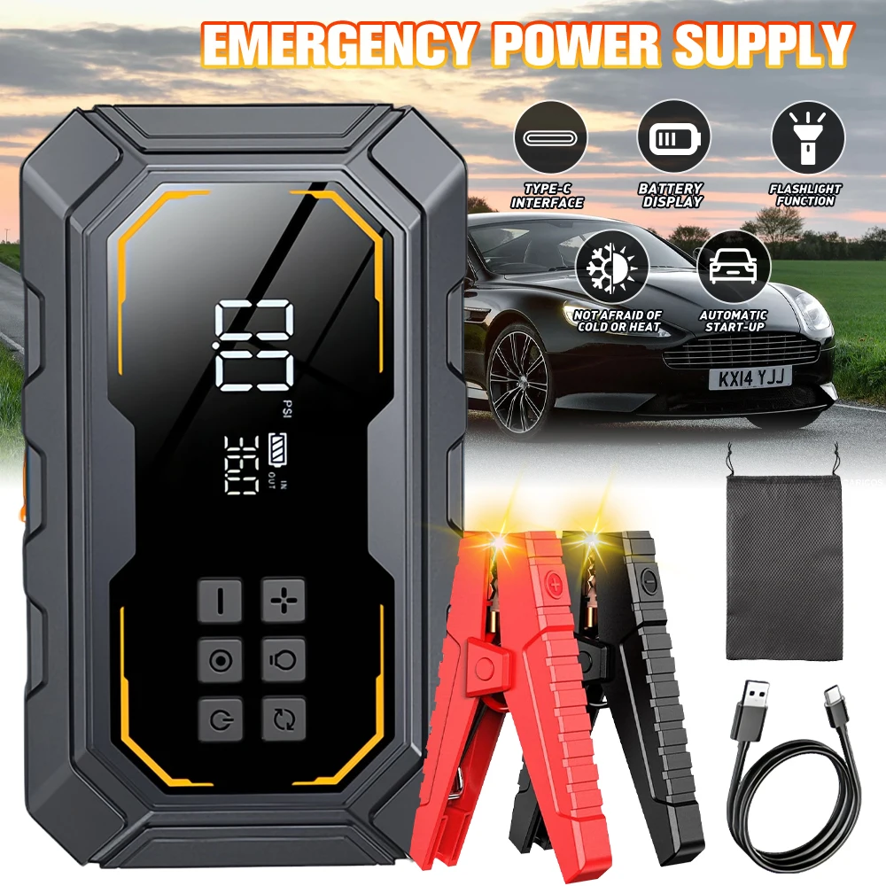 12V Car Jump Starter Built in Air Compressor Portable Car Battery Booster Digital Tire Inflator Zero Voltage Start LED Flashlight Type C Emergency Power Bank for Car Motorcycle Truck