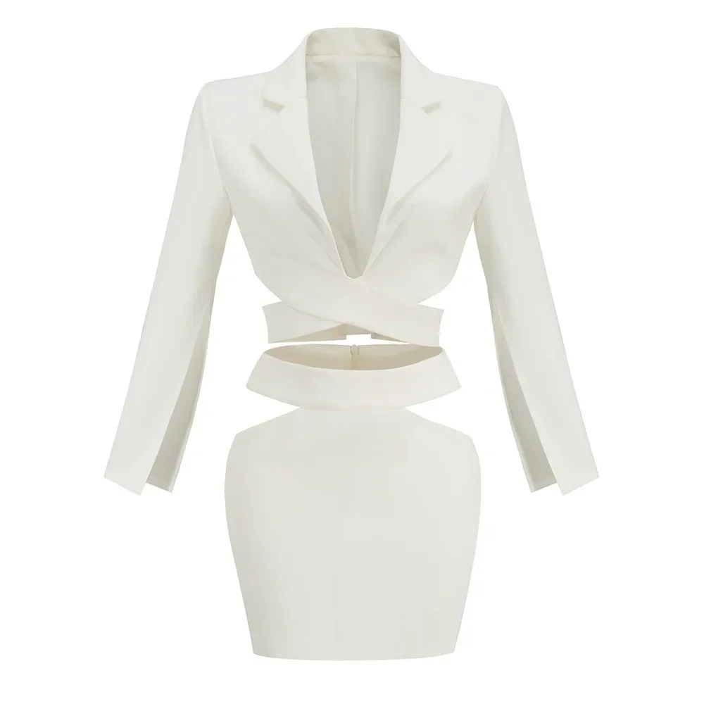 2024 Fashion Sexy Notched Collar Hollow Out Jacket Office Ladies Slim Chic Long Sleeve White Blazer Skirt Set Women Outfits