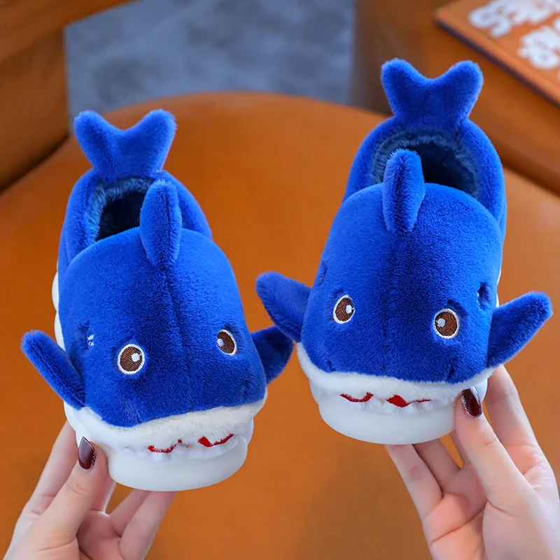 New Winter Cute Shark Cover Heel Fluffy Slippers Children's Non-slip Mule For Kids Girls Boys Baby Warm Home Cotton-padded Shoes