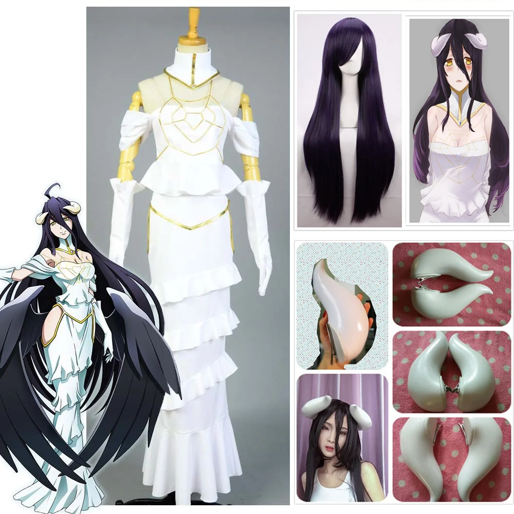 

HOT Overlord Albedo Cosplay White Dress Sexy Mermaid Dress for Women Summer Skirt Adult Clothing Cosplay Costume+ Horns + Wig