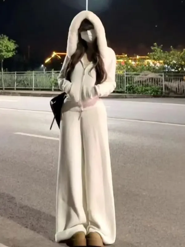 

Laid-ba Sle, широкие брюки с капюшоном, комплект из двух предметов, Ele Clete OOTD, зимняя мода, женская удобная одежда на молнии...