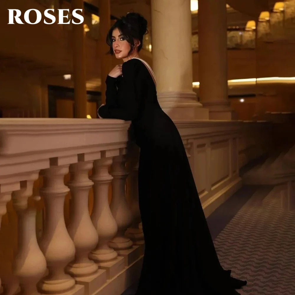 

ROSES Black فستان سهرة Атласное вечернее платье с круглым вырезом и длинными рукавами и изысканными жемчужными деталями на спине Пром платья по индивидуальному заказу