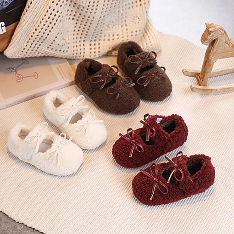 

Toddler Girls Winter Fuzzy Shoes with Bow Detail 2025 New Kids Warm-lined Flats Soft Sole Non-slip Princess Style Party Flats