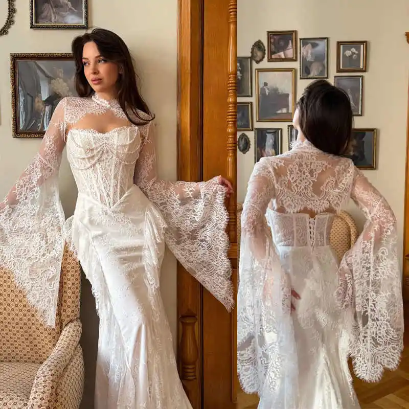Chic Bridal Jackets High Neck Puff Bubble Sleeves Applique Lace Hollow Cutout Back Sheer Mesh Bridal Wedding Assessory