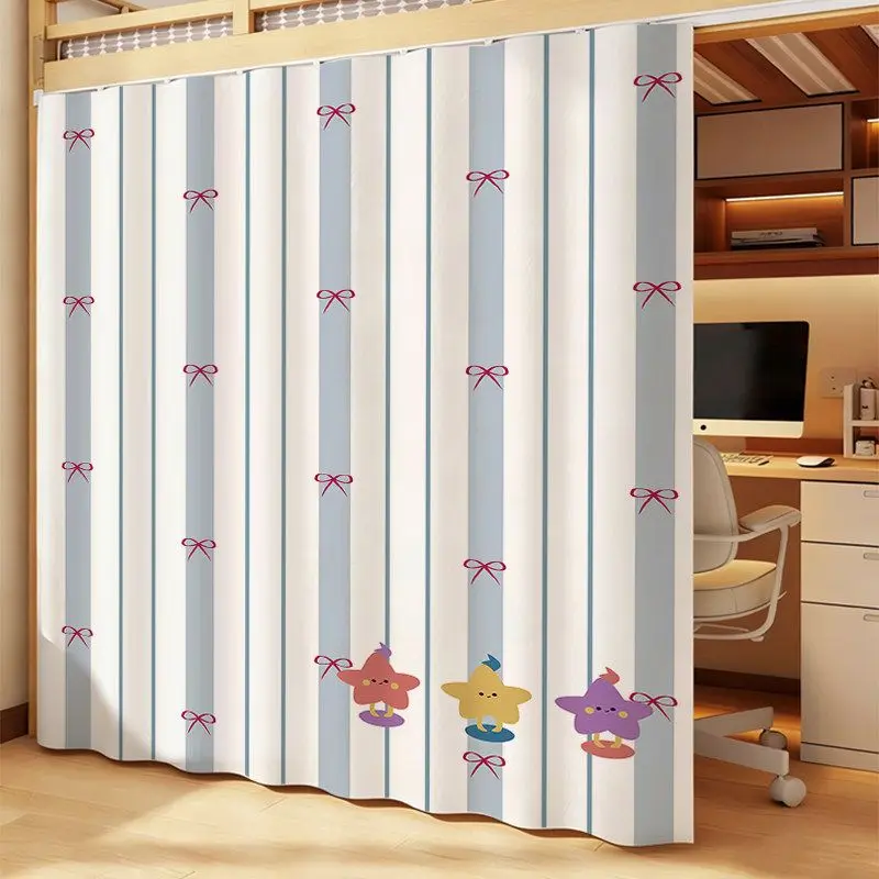 VIKAMA Cartoon Star Bow Printed Striped Dorm Curtain Student Bunk Bed Privacy Partition Curtain Bedroom Home Decor