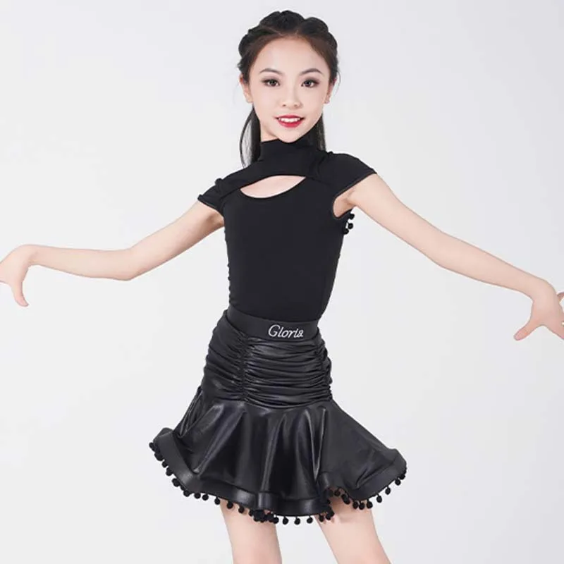 

Black Latin Dance Costume Girls Cha Cha Samba Performance Outfit Dancer Competition Suit Practice Wear High Collar Top Skirt