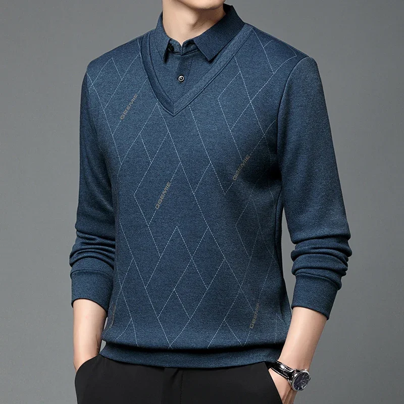 T-Shirt a maniche lunghe con risvolto da uomo invernale con peluche e calore addensato, camicia a due pezzi finta, maglione con colletto, camicia a maglia