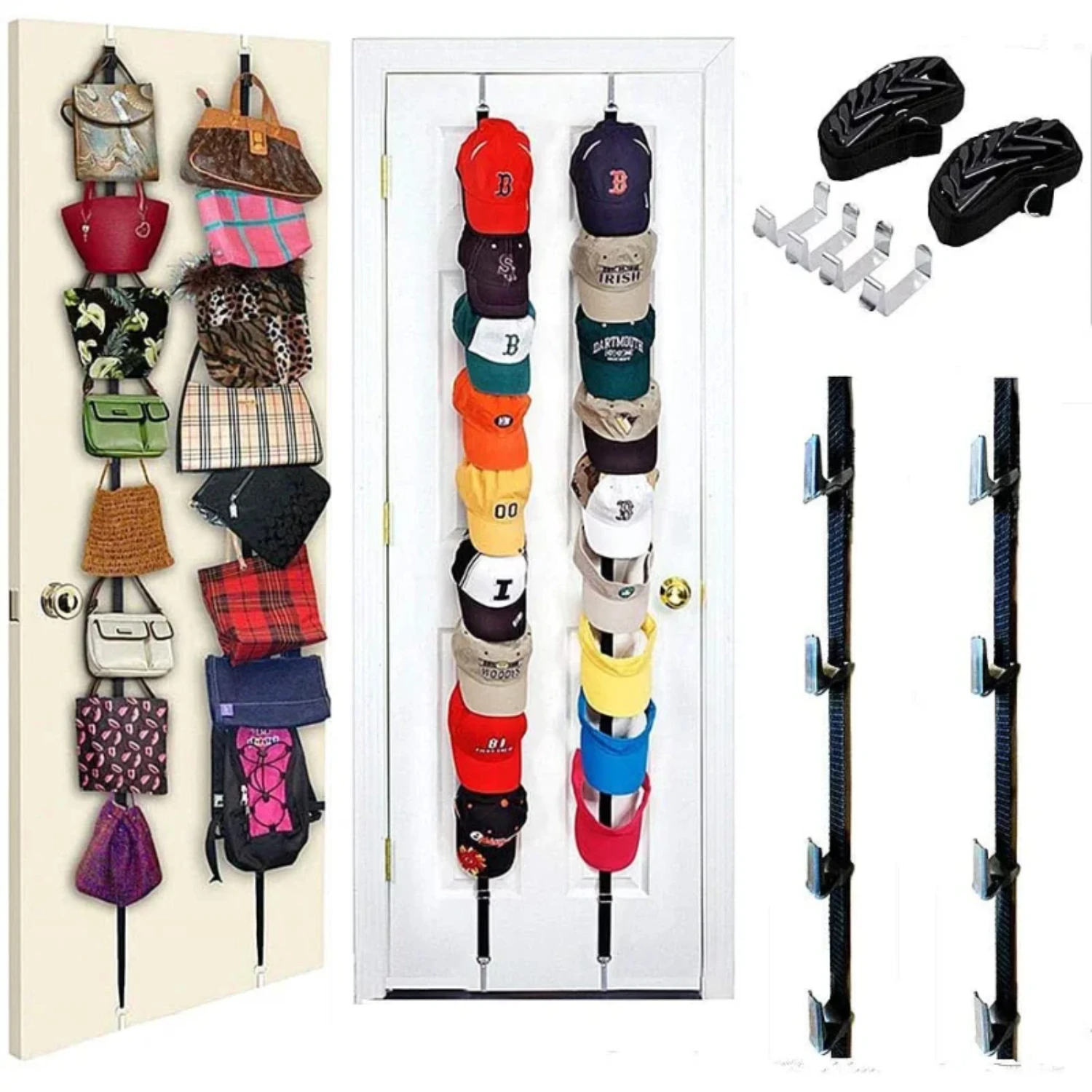 Convenient Adjustable Seamless Over Door Hat Rack Holder, Clothing Accessories Hanger with Rope Hanging Slots for Organization