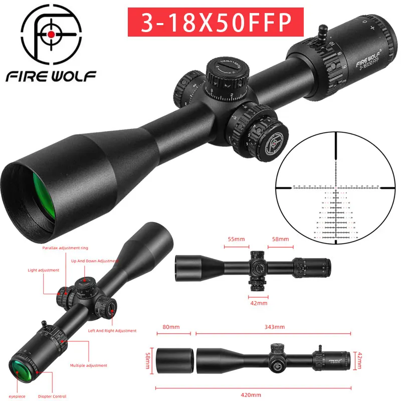 

FIRE WOLF 3-18x50 FFP First Focal Plane Scope Tactical Riflescope With Illumination For Long Range Shooting Hunting Fit .338