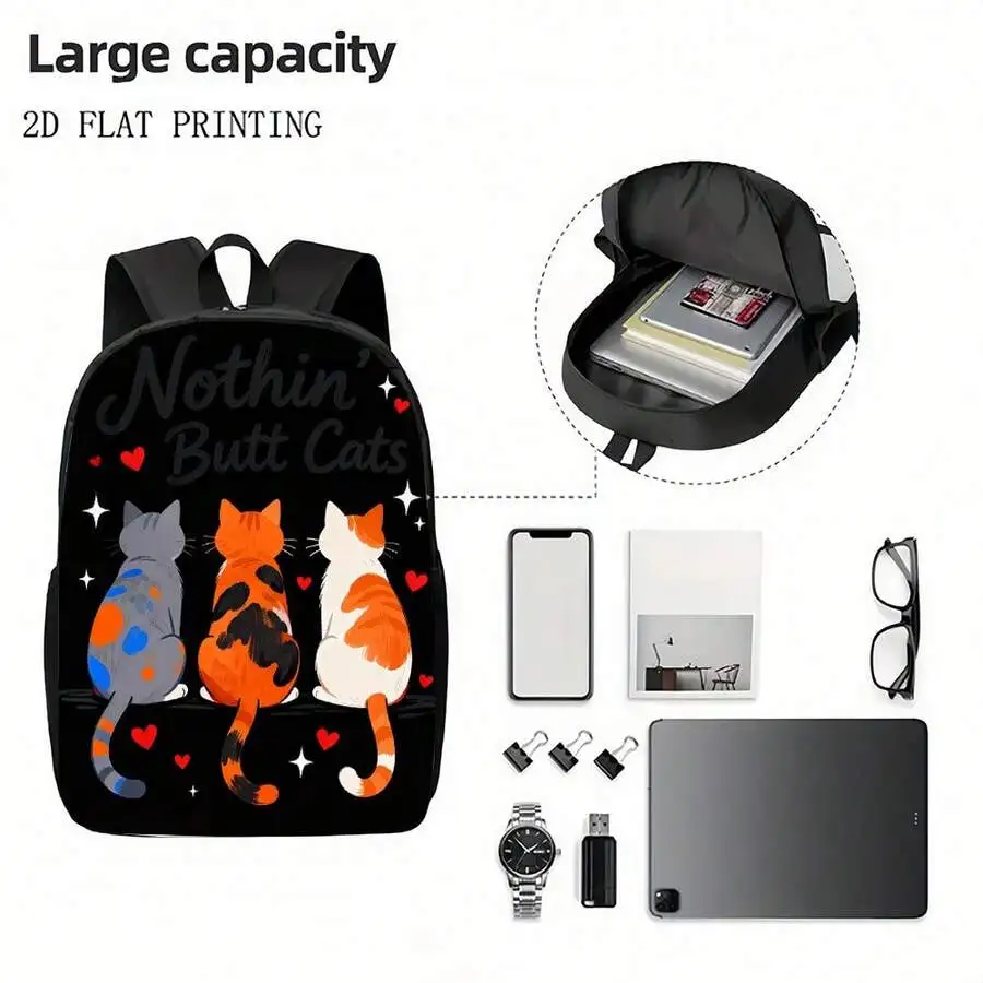 Three Cat Print Backpack With Heart Glitter Design Lightweight Large Capacity College Backpack For Adults view 3