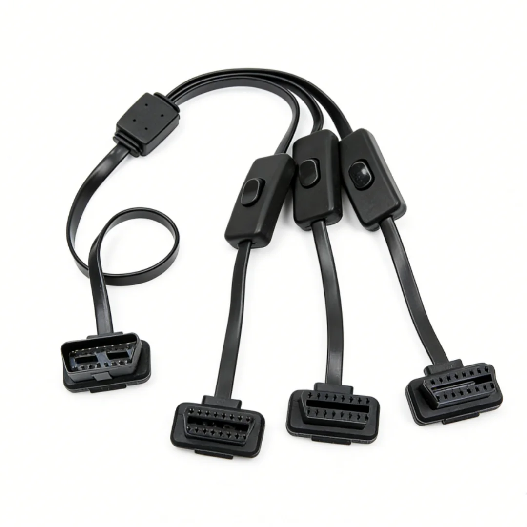 Right Angle OBD2 Splitter Extension Cable 1 to 3 with Individual Switches, Ultra-Thin Flat OBD-II Y Cable 60cm