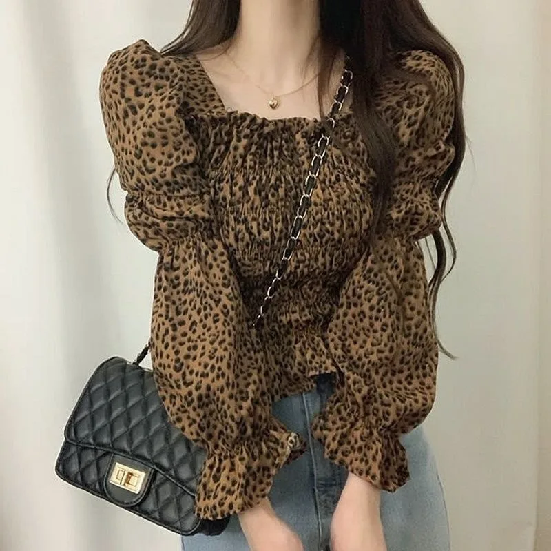 Women Casual Long Sleeve Cotton Linen Loose Shirt Elegant Solid Harajuku Leopard print Blouse Vintage Tops Y2K Streetwear Tunic