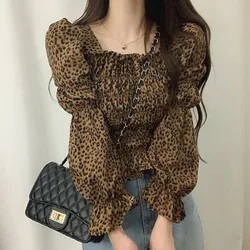 Women Casual Long Sleeve Cotton Linen Loose Shirt Elegant Solid Harajuku Leopard print Blouse Vintage Tops Y2K Streetwear Tunic