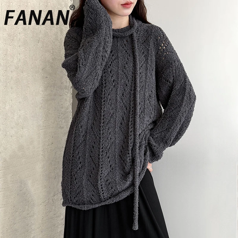 

FANAN модный ажурный дизайн пуловер свитер женский с круглым вырезом на шнуровке повседневные свободные топы вязаная одежда осень 2023 г.