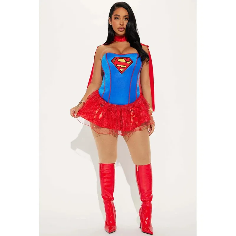 أزياء الهالوين الجديدة للنساء مع عباءة Supergirl Cosplay Holiday Purim للبالغين والأطفال وحفلات أعياد الميلاد