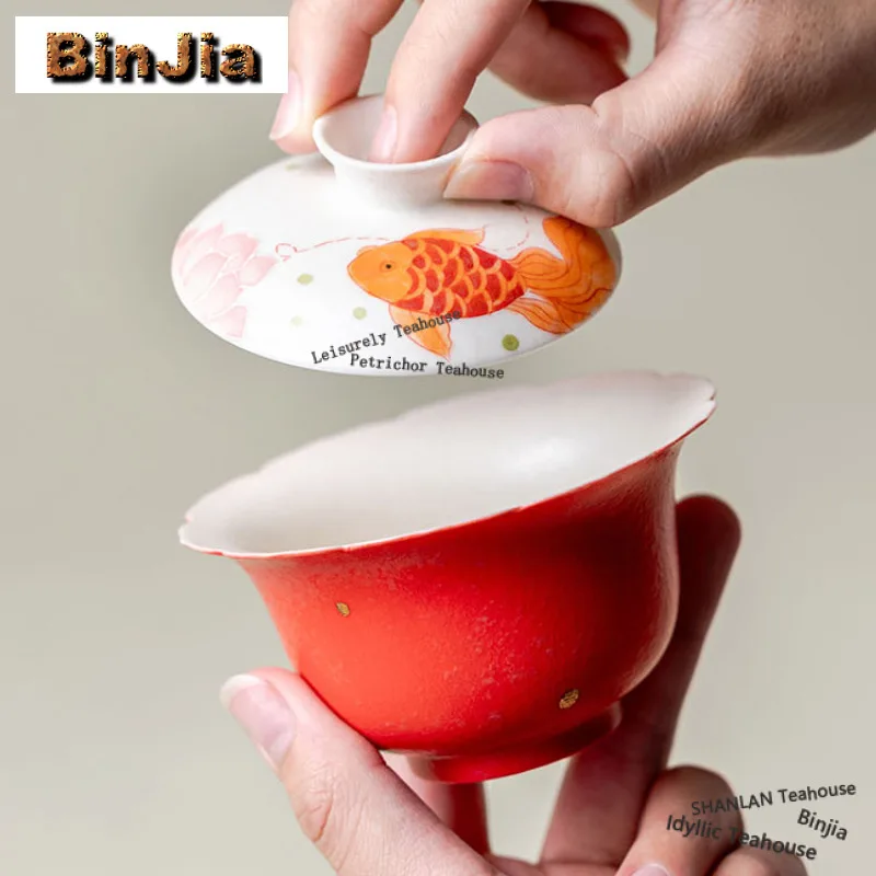 

120ml Hand-painted Koi Gaiwan Japanese Heat Insulation Tea Tureen Household Tea Bowl with Lid Kit Tea Making Cover Bowl Cha Gift