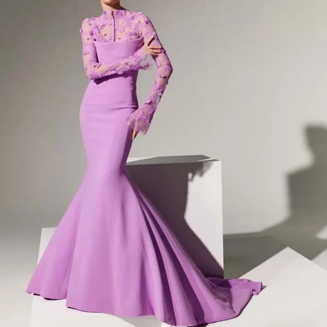 

Elegant Purple Evening Dresses Long Sleeve High Neck Lace Mermaid Chapel Train Special Occasion Luxury Prom Dress 2025 Customize