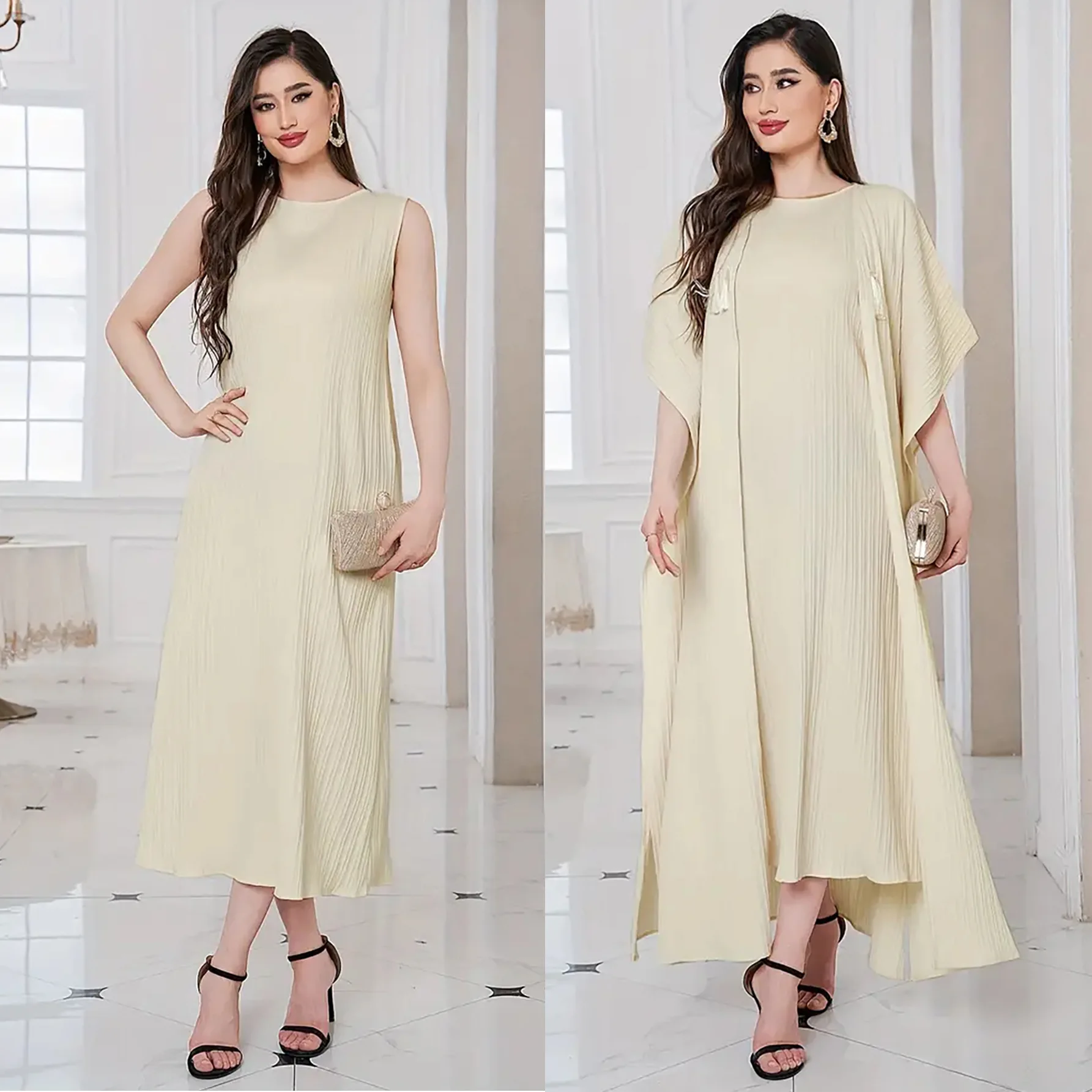 

The Abaya Long Robe Sets for Middle Eastern and Saudi Arabian Women, Including Muslim Batwing Sleeve Cardigan and Vests Skirts.