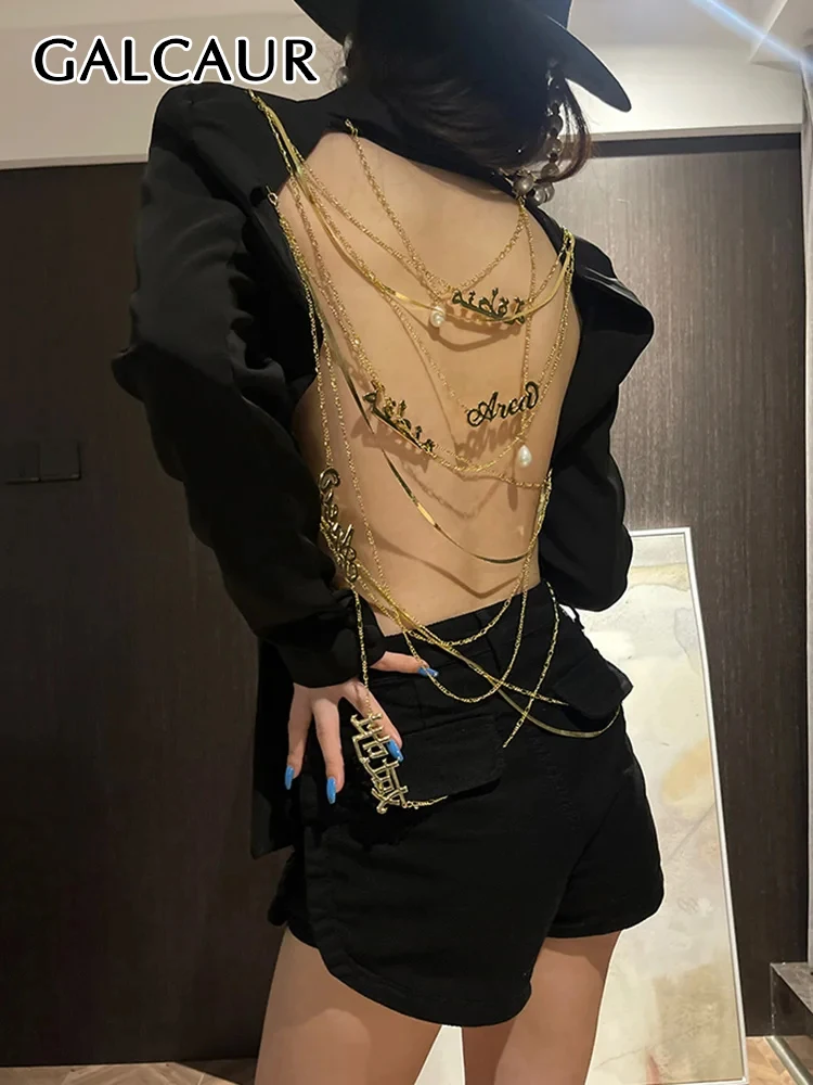 

GALCAUR Patchwork Metal Chain Solid Sexy Blazers For Women Notched Collar Long Sleeve Single Button Backless Chic Blazer Female