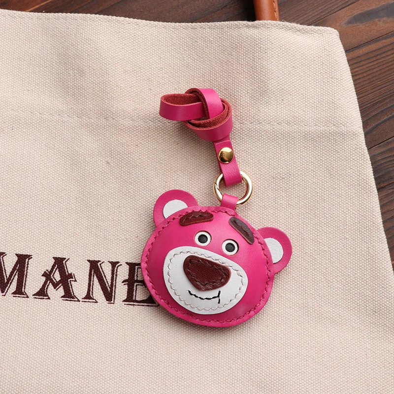 Disney Strawberry Bear Lotso Leather Keychain Handmade Genuine Leather Keyring Cute Cartoon Gift for Fans