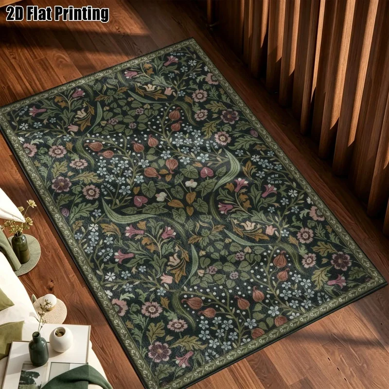 Large Indoor Area Rug, Soft Velvet Low Pile Machine Washable, Vintage Botanical Floral Pattern Dark Green Floor Rug, Ideal for Living Room and Bedroom, Soft Low Profile Velvet Area Rug for Home Decor