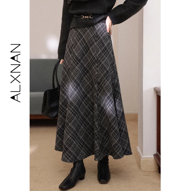 

ALXNAN черная светло-серая клетчатая винтажная шерстяная юбка женская осенне-зимняя юбка-миди трапециевидной формы аксессуары в комплект не входят L60122