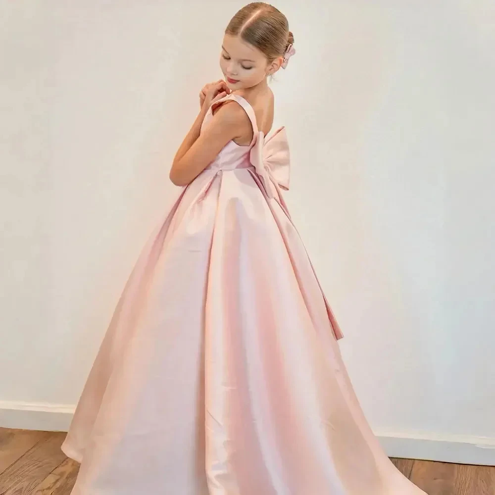 Elegant Long White Flower Girl Dresses Bow Satin Wedding Party Dress Sleeveless Birthday First Holy Communion Dresses for Girls