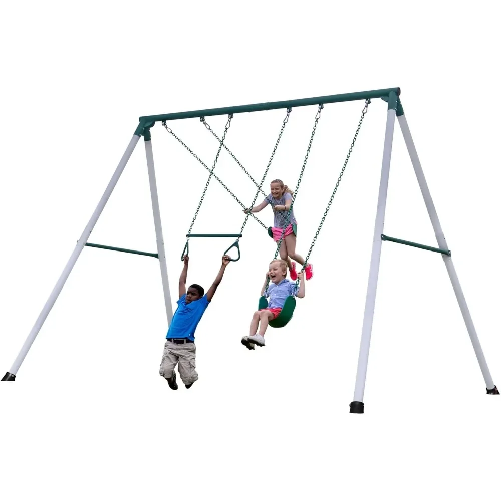 Heavy Duty 10 Ft Tall Metal Swing Set with 2 Belt Swings & Trapeze Bar - Durable Powder Coated Steel Construction