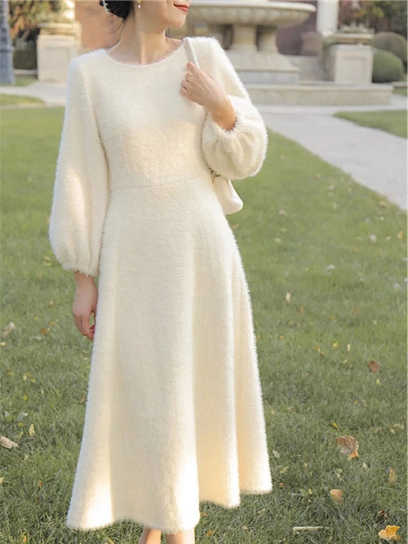 French Fairy Long Dress Plush Gentle White Sweater Dress Women\'s Spring Autumn 2024 New Style Adding Velvet Thickening Dresses