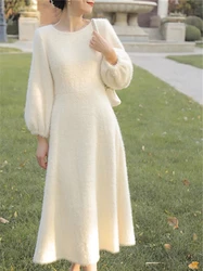 French Fairy Long Dress Plush Gentle White Sweater Dress Women's Spring Autumn 2024 New Style Adding Velvet Thickening Dresses