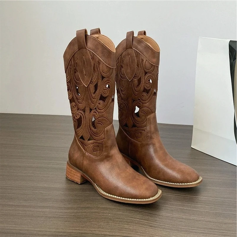 

Ковбойские сапоги в стиле вестерн из мягкой кожи с вышивкой, женские коричневые летние сапоги до середины икры, модные ретро-сапоги для пустыни...