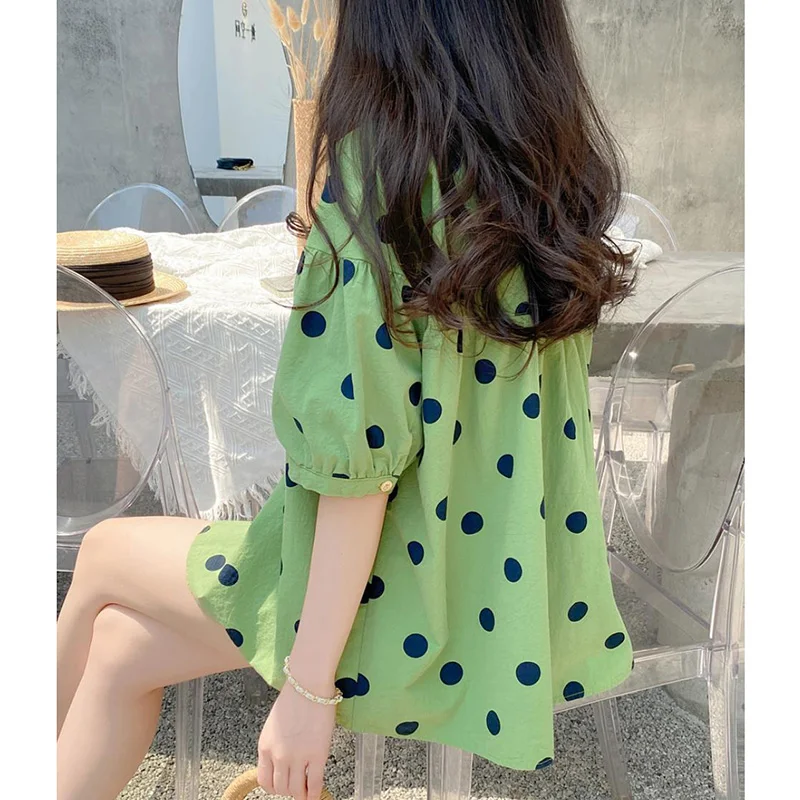 Sweet Peter Pan Collar Spliced Folds Lace Polka Dot Blouse Female Clothing 2023 Summer New Casual Pullovers Loose Korean Shirt