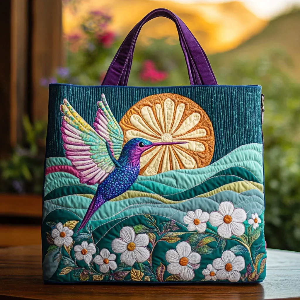 

Сумка-тоут стеганая с цветочным принтом в стиле бохо и изображением колибри на закате, вдохновленная природой, повседневная сумка через плечо для путешествий, отпуска и ежедневного использования