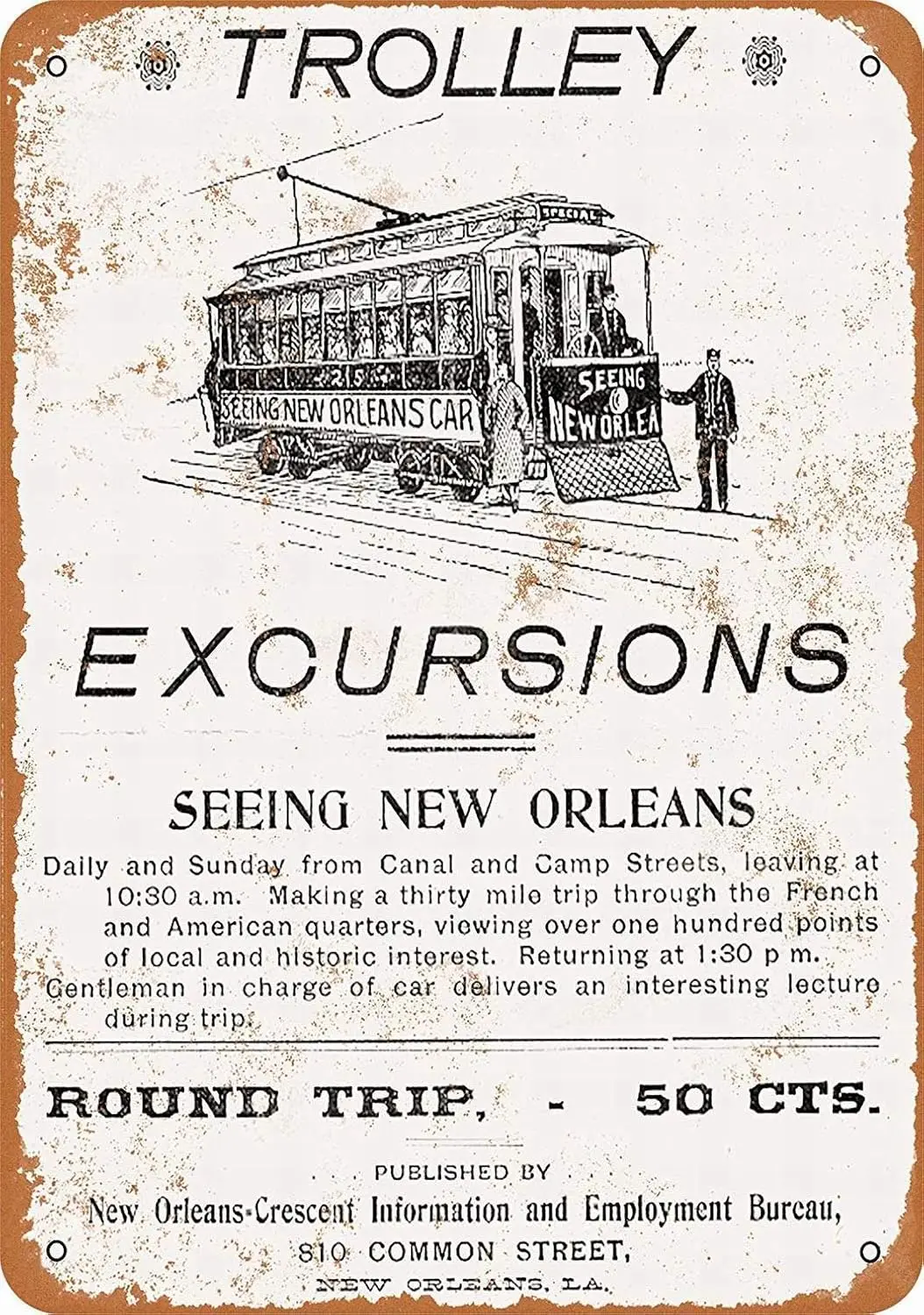 Ylens  Metal Sign - New Orleans Trolley Excursions Vintage Wall Decor Art