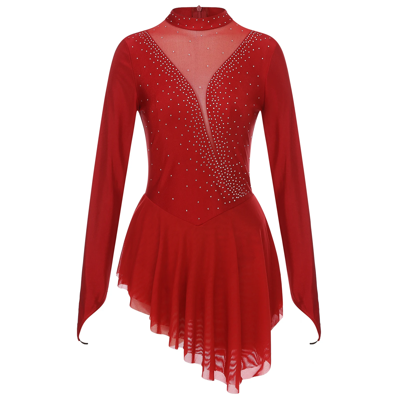 Women\'s Long Sleeves Figure Skating Dress Adults Performance Costumes Glitter Rhinestones Ice Skating Ballet Dance Leotard Dress