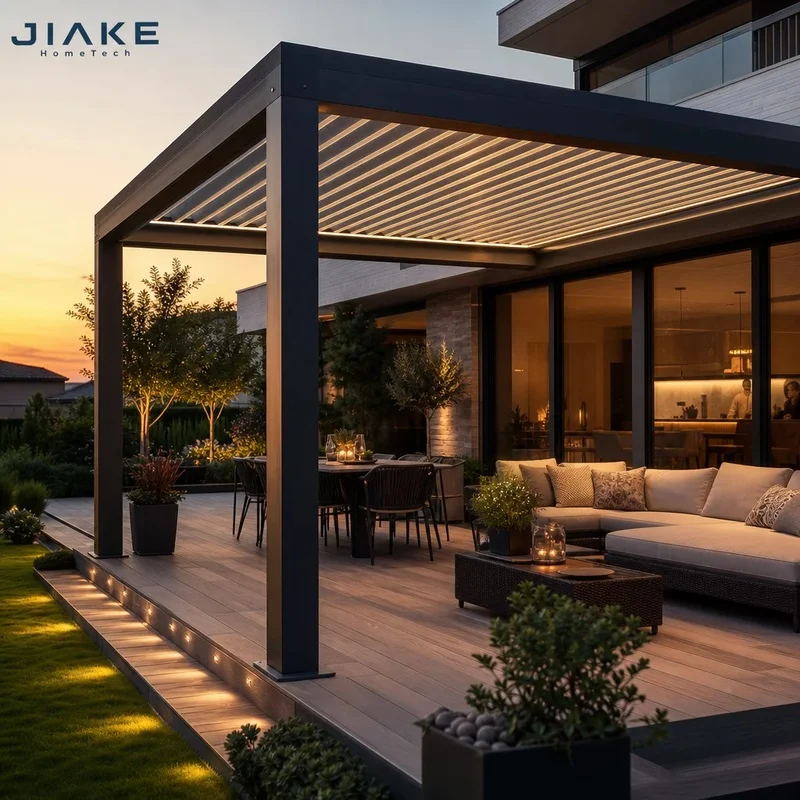 Jiake Aluminum Terrace Roof with Motorized Louvered Pergola Cover Backyard and Garden Patio, CE OEM