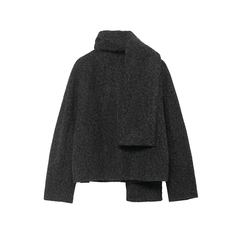 Women's Coat 2025 Winter New Style Dark Gray Long Sleeve with Scarf Decor Simple Short Coat Elegant and Fashionable