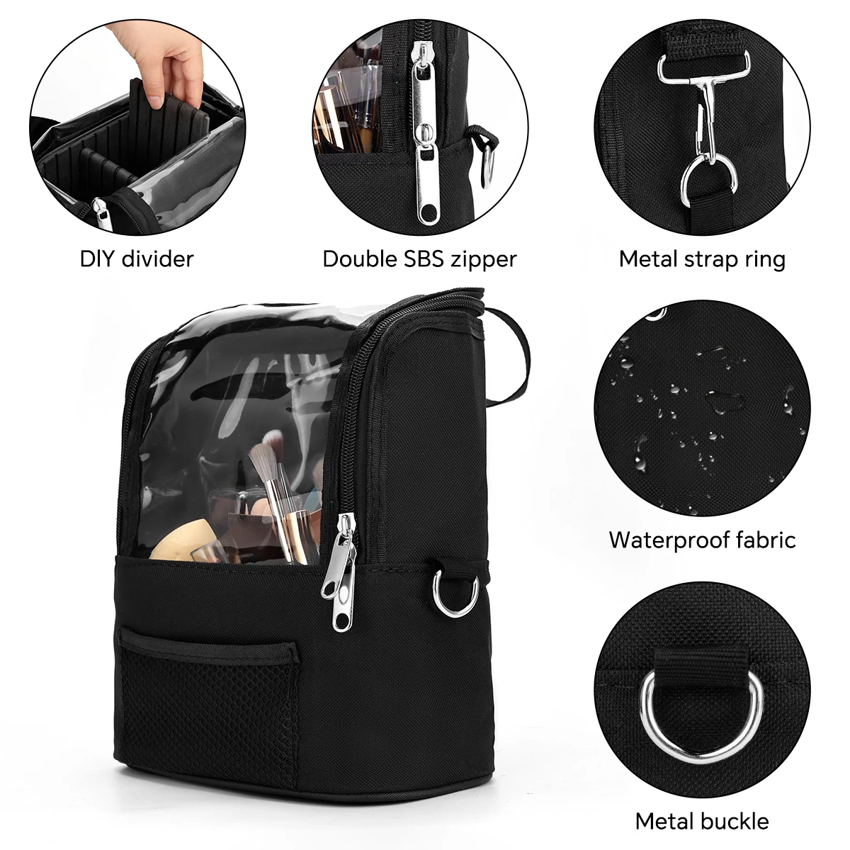 

Pro Artist Clear Makeup Brush Case w/ Lid - Large Capacity Water-resistant Stand-up Organizer Bag with Dividers & Shoulder Strap