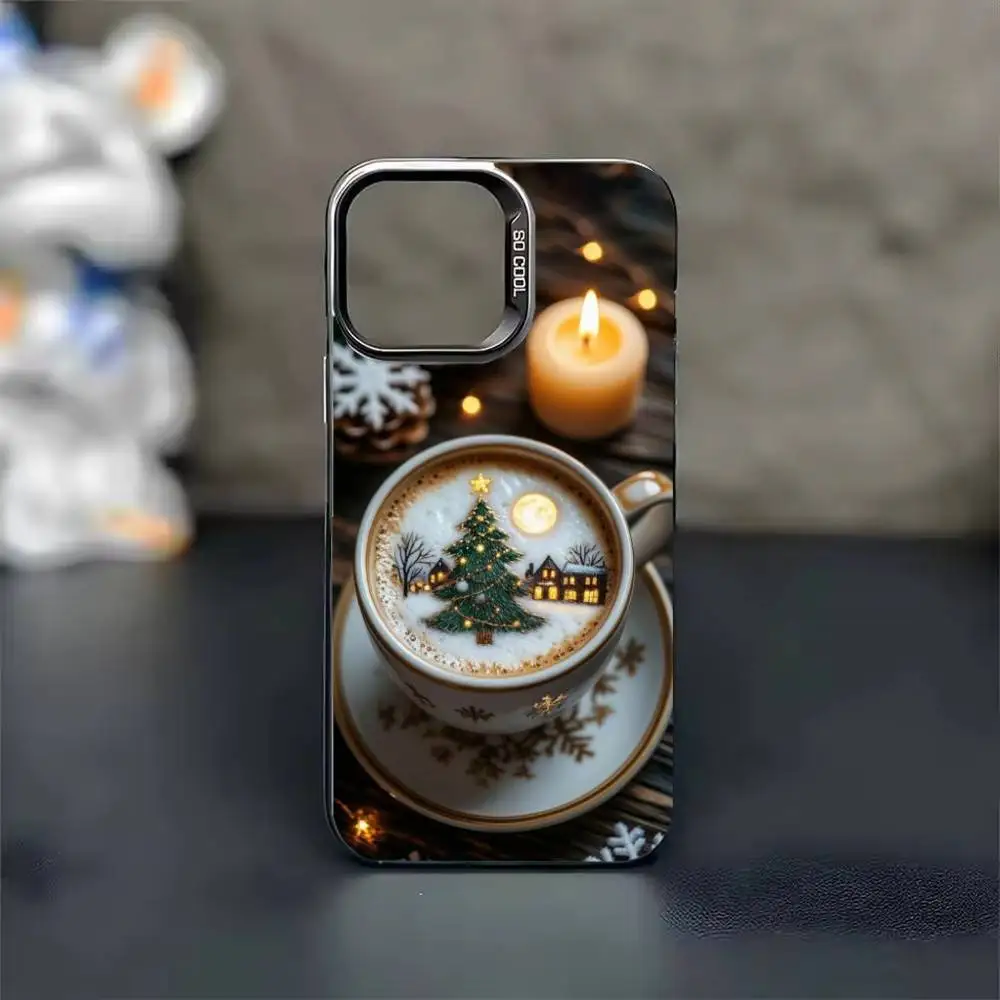Winter Style Coffee Christma Phone Case For iPhone 17,16,15,14,13,12,11,Pro Max,Plus black Candy Silver Cover