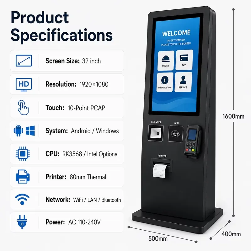 21.5 Inch Self Service Ordering Kiosk Restaurant POS Terminal with Touch Screen QR Scanner and Printer